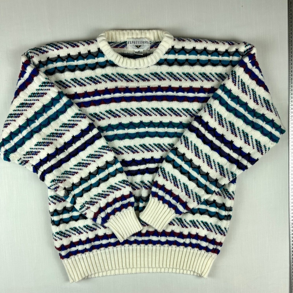 Expressions Vintage Geometric Knit Sweater Mens Medium Cream Blue Fair Isle 90s